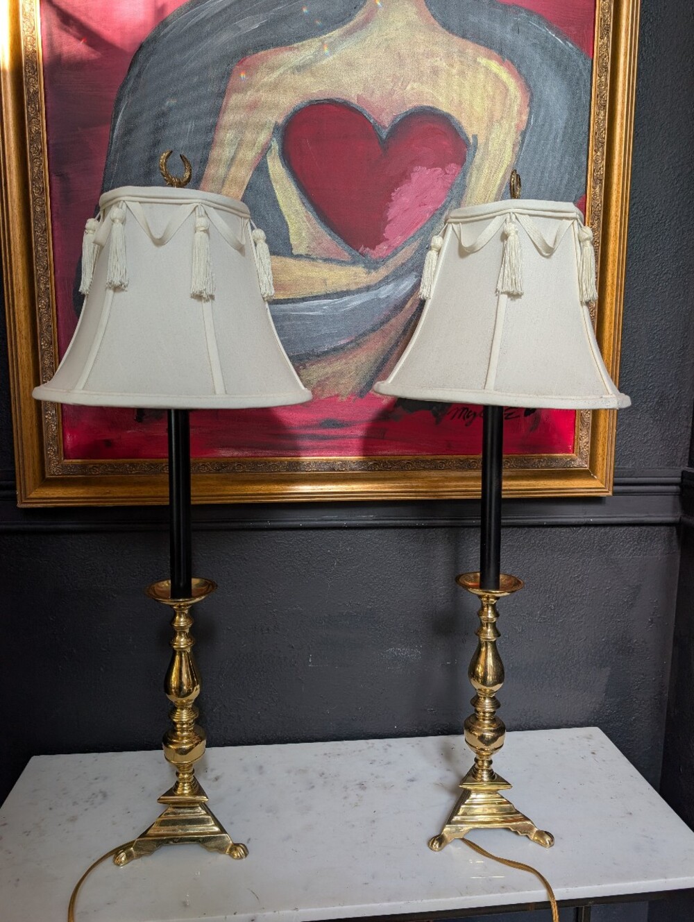 Vintage, Set of 2, Brass MCM Gold Footed Candle Stick Table Desk Lamp, White Tas